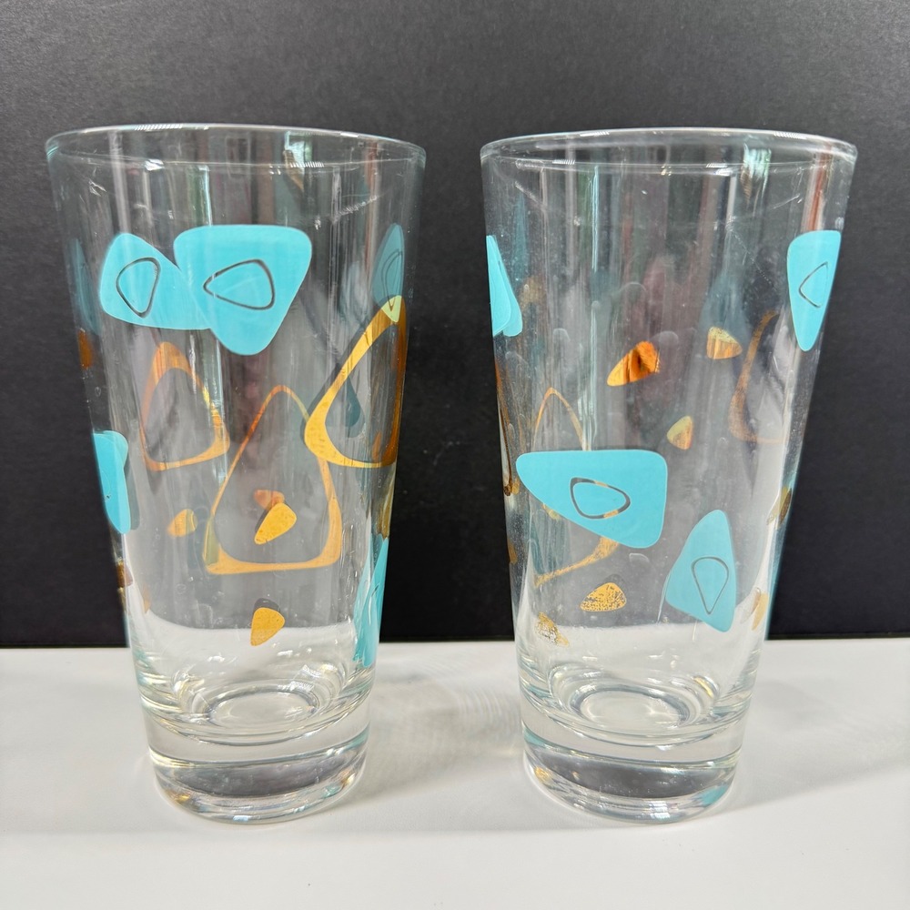 Vintage Mid Century Modern Atomic Boomerang Highball Glasses Teal Gold Set of 2